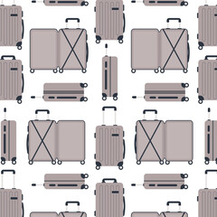Seamless vector pattern of beige suitcases on wheels on a white background.