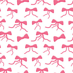 Seamless vector pattern with pink bows and ribbons on a white background.