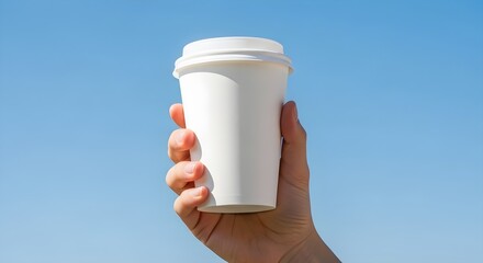 A hand holding a white paper coffee cup against a bright blue sky