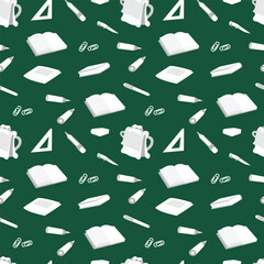 Seamless vector pattern of school subjects in white on a green background, back to school.