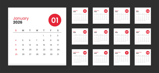 Calendar 2026 week start Sunday corporate design template vector. 2026 calendar in minimalist style