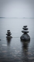 Balanced Stone Stacks in Calm Water