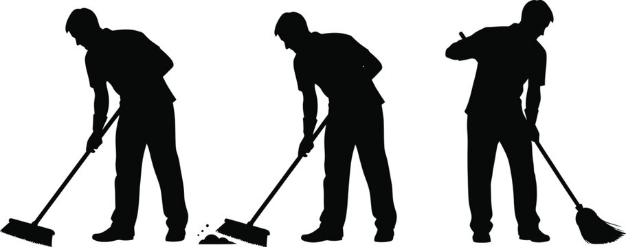 Vector art of silhouette of a man sweeping the floor with a broom