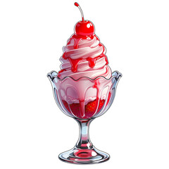 Ice cream sundae in a clear cup with chocolate sauce, whipped cream, and cherry on top, PNG file. Generative AI