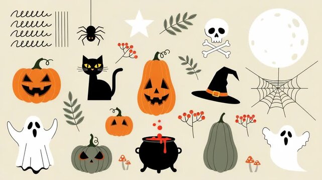 A collection of halloween icons including pumpkins, ghosts, a witchs hat, and a spider web