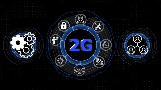 Futuristic 2 G Technology Concept Animated Digital Interface with Gear Icons and Network