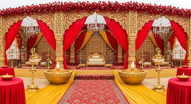 Luxurious indian wedding stage decorated with red flowers and golden accents setting a romantic