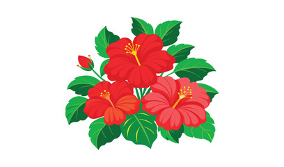 Vibrant red hibiscus flowers with lush green leaves