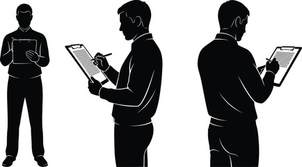 Vector art of silhouette of a man writing a clipboard, representing business, inspection, and notetaking