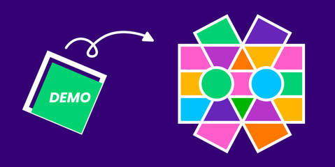 Abstract photo frame collage design with tilted DEMO square and arrow pointing to colorful blocks on a purple background, symbolizing transition, creativity, and conceptual layout progression.
