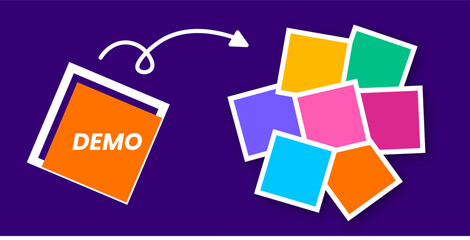 Abstract photo frame collage design with tilted DEMO square and arrow pointing to colorful blocks on a purple background, symbolizing transition, creativity, and conceptual layout progression.