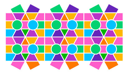 Abstract photo frame collage design with vibrant geometric pattern of circles, triangles, pentagons, and rectangles in symmetrical grid, ideal for modern collage, visual layouts, or decorative design