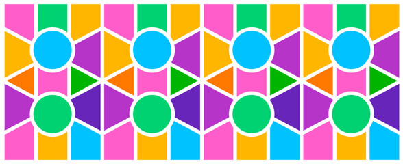 Abstract photo frame collage design with vibrant geometric pattern of circles, triangles, pentagons, and rectangles in symmetrical grid, ideal for modern collage, visual layouts, or decorative design