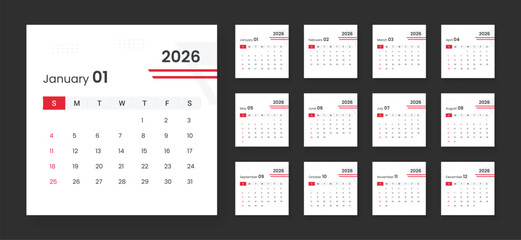 Modern calendar for 2026 year. Week starts on Sunday. 2026 calendar in minimalist style