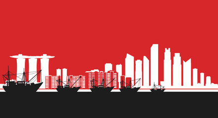 Fototapeta premium A bold illustration of Singapore’s skyline with iconic landmarks, subtly highlighted with red and black tones, symbolizing the vibrancy and strength of the nation.