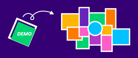 Abstract photo frame collage design with tilted DEMO square and arrow pointing to colorful blocks on a purple background, symbolizing transition, creativity, and conceptual layout progression.