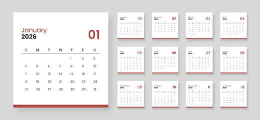 Modern calendar for 2026 year. Week starts on Sunday.