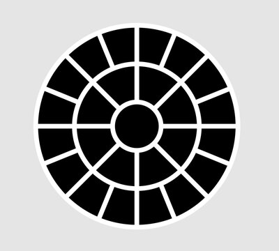 Abstract circular photo frame collage design set featuring segmented black slices and white concentric outlines, ideal for modern minimalist layouts, radial compositions.