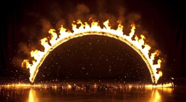 A dramatic half-circle fire explosion, with flames rising upward in a symmetrical arc against a black backdrop.