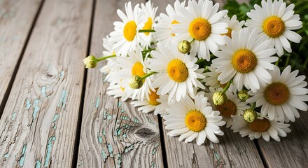 A bouquet of daisies on a wooden surface with peeling paint © Wool World