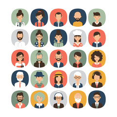 A collection of diverse illustrated avatar icons representing various professions and ages.