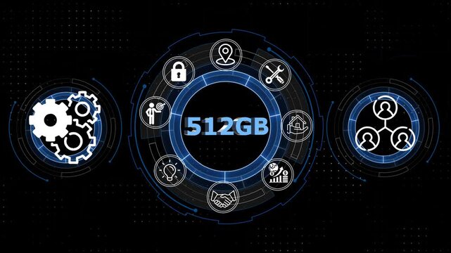 Futuristic 512 G B Data Storage Concept Digital Interface with Business Icons and Gear Technology