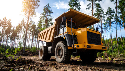 Obraz premium Landscape with a big yellow dump truck in a cleared forest