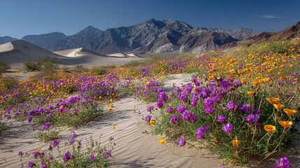 Rare bloom event: Death Valley dune spring wildflowers with desert gold poppies on sand curves, ecological miracle for desert conservation campaigns.