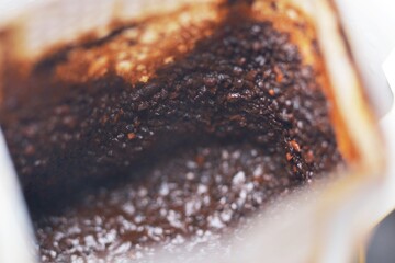 Extreme close-up brewed coffee granules in filter