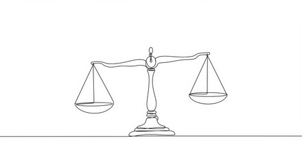 Minimalist continuous line drawing of balanced scales, representing justice and equilibrium