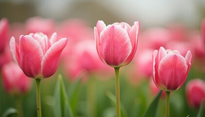 Obraz premium Close-up of delicate pink tulips in a garden.