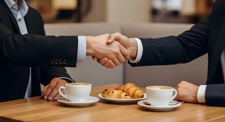 Two men in suits shaking hands over a table with two cups of coffee and a croissant