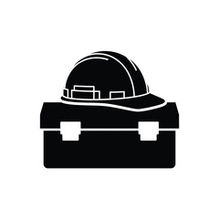 Construction Hard Hat on Toolbox Black and White Vector Illustration