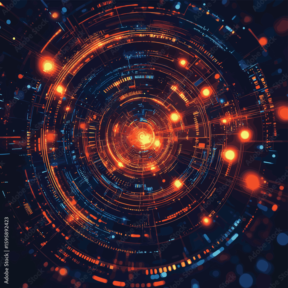 Poster digital tech circles with glowing laser effect into dark cyberspace