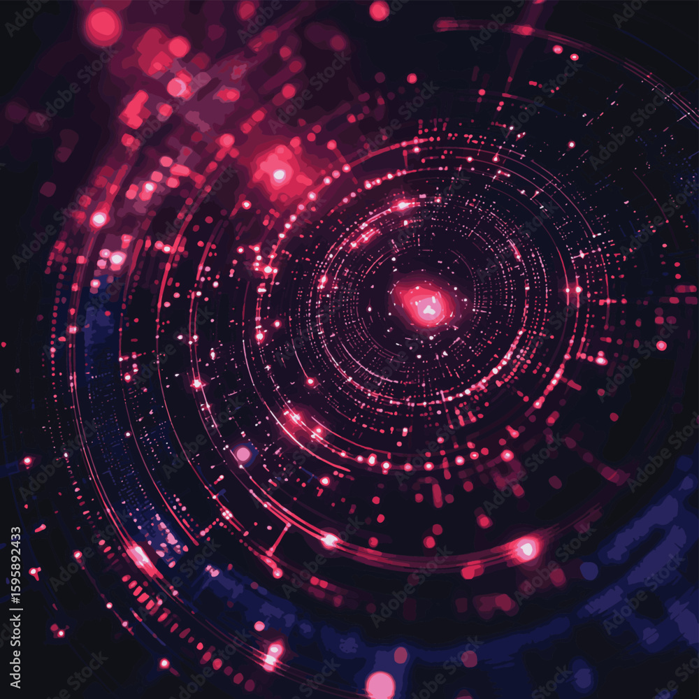 Poster digital tech circles with glowing laser effect into dark cyberspace