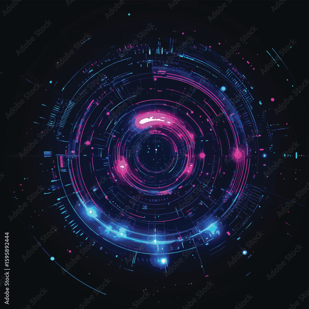 Poster digital tech circles with glowing laser effect into dark cyberspace
