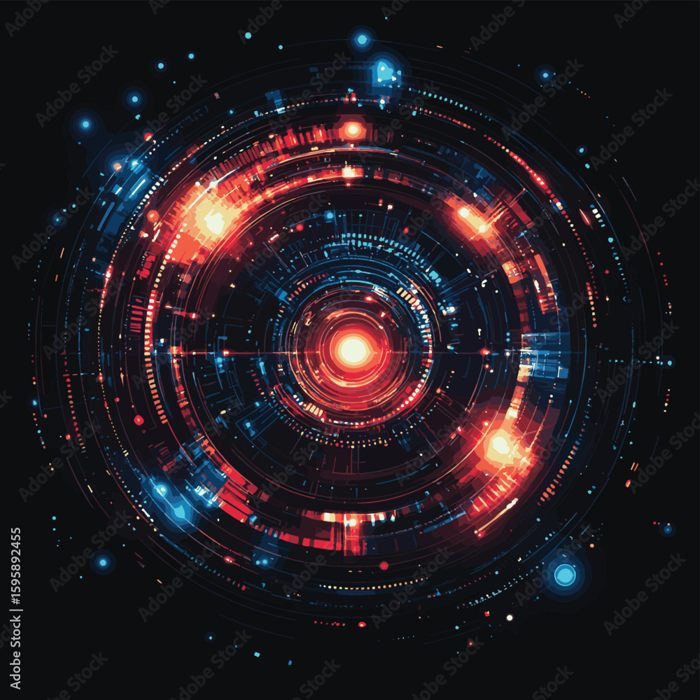 Poster digital tech circles with glowing laser effect into dark cyberspace