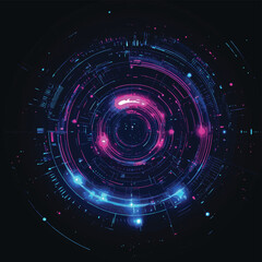 Digital tech circles with glowing laser effect into dark cyberspace