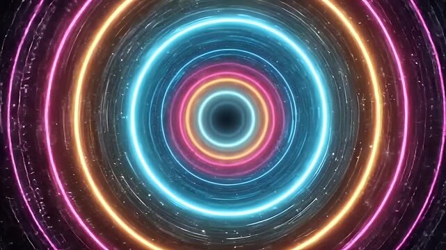Neon rainbow data tunnel with concentric glowing rings and scrolling code