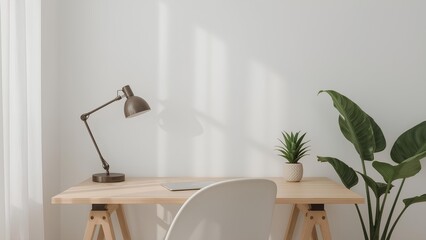 Fototapeta premium Minimalist Home Office Desk with Plant and Lamp