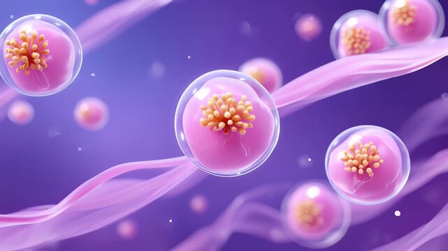 pink organic cells or microorganisms suspended in a fluid, showcasing biological structures and filaments. Generative AI