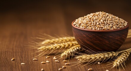 Ears of wheat and bowl of wheat grains on brown wooden background,  Ai generate, Ai generative