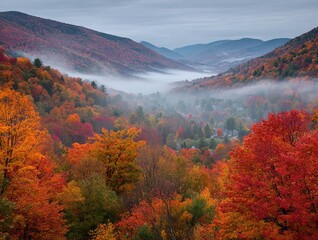 Peak autumn foliage scarlet maple forest in Vermont mist-filled valleys, quintessential fall art for calendars, nature blogs, or New England tourism.