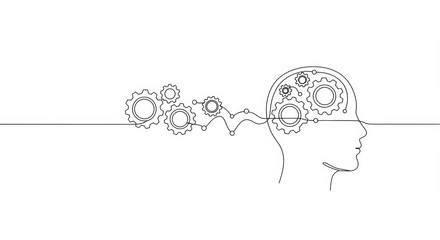 Single line art drawing portraying gears and mind illustrating cognitive function