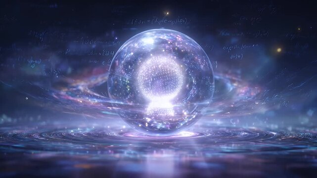 AI core floating inside glass sphere, surrounded by orbiting light particles and math equations