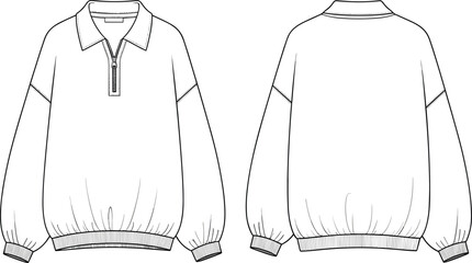 Flat cad drawing of pullover sweatshirt with collar, half zip, ribbed cuffs and hem, long sleeves, front and back vector sketch © Biplob Creatives