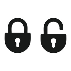 Black locked and unlocked padlock icons isolated on white background, security and privacy symbols for access control and data protection