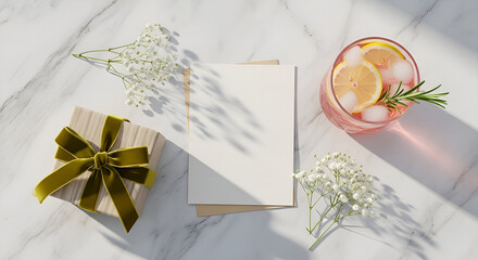 Elegant Arrangement of Gift, Drink, Stationery on Marble Background Mockup