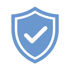 Blue shield icon with check mark, security and protection symbol isolated on white background for data safety and verification