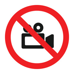 No video recording sign with red prohibition circle and camera icon, restricted filming symbol isolated on white background